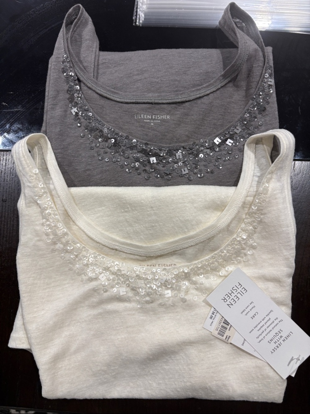 Eileen Fisher 2 bundle 100% LINEN Sequin neckline Tank NEW gray and ivory Med